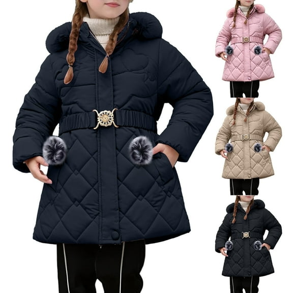 Shadoumai Winter Coats for Girls Windproof Hooded Butterfly Pattern Jackets with Belt Winter Warm Thick Down Jacket