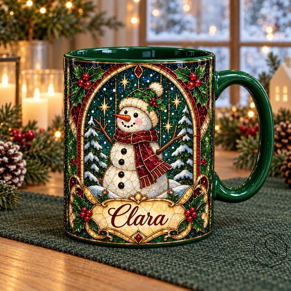 Coffee Mug Personalized Stained Glass Style Snowman for Holiday Drinks, Christmas Gift