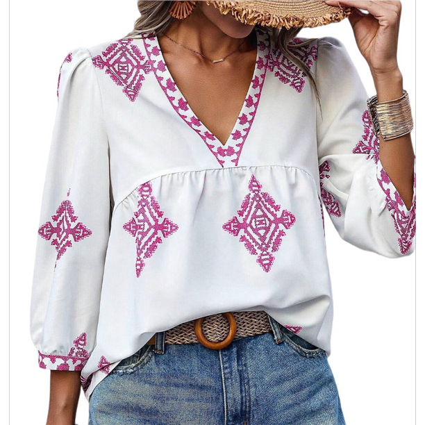 Blusas Casuales de con Cuello en V y Estampado Floral para Mujer, Blusas Bohemias de Verano con Mangas 3/4. Rosa S