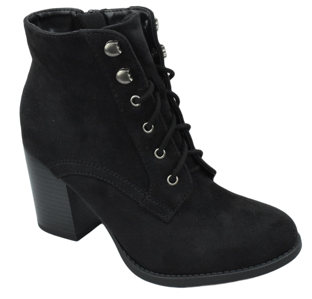 Soda Women Ankle Boots Thick Heel Combat Lace Up Booties Side Zipper Lurk S Black Faux Suede 5 5