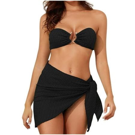 WREESH Women s 2025 Trendy 3 Piece Swimsuits Strapless Ring Bra Bikini Set with Cheeky Bottoms & Short Sarong Skirt Cover-Up Bathing Suit Black