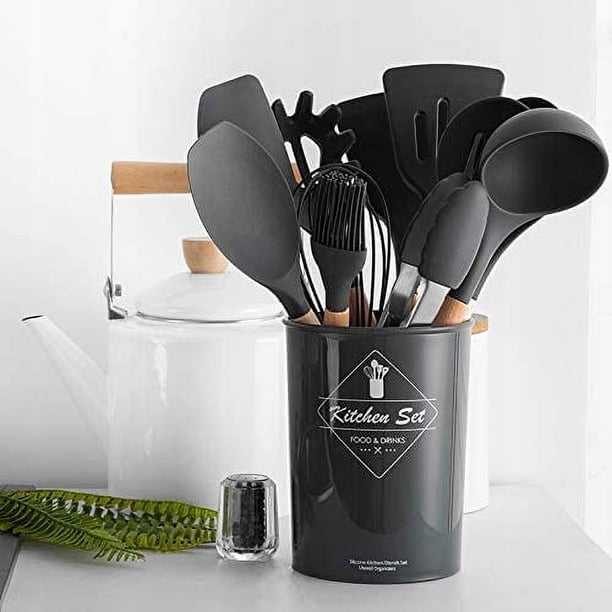 Utensilios Antiadherentes Para Sartenes Juego De Utensilios De Cocina De Silicona 12 Piezas Con Mango De Madera - Espátulas, Cucharas Y Batidor Espátulas Silicona Resistente Calor