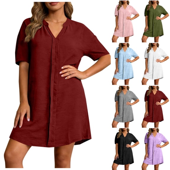 POIUYTR Women Summer Shirt Dress Casual Loose V Neck Short Sleeve Shift Dresses Business Vacation Mini Dress