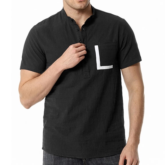 Cotton Linen Polo Shirts for Men Band Collar Casual Summer Button Up Shirt Short Sleeve Personalised V Neck Shirts