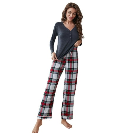 

Women s Solid Color Plaid Pajamas Autumn And Winter Homewear Suit