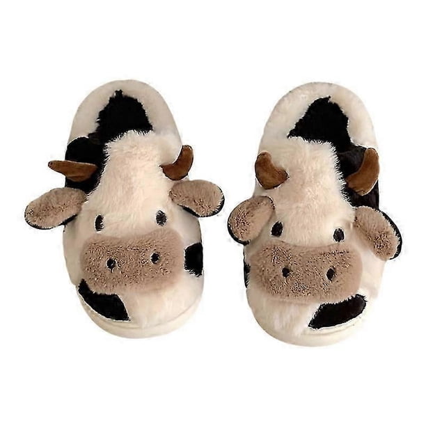 Pantuflas de vaca esponjosas para mujer, pantuflas de algodón con dibujos de vaca,pantuflas de invierno para interior y exterior para mujeres y niñas, cálidas, acogedoras, antideslizantes y cómodas