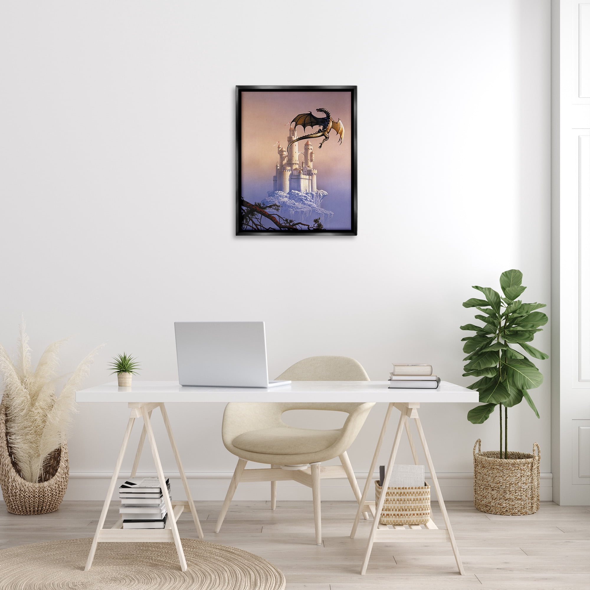 Stupell Industries Magical Dragon & Castle Fairy Tales & Fantasy Painting Black Floater Framed Canvas Art Print Wall Art, 25 x 31