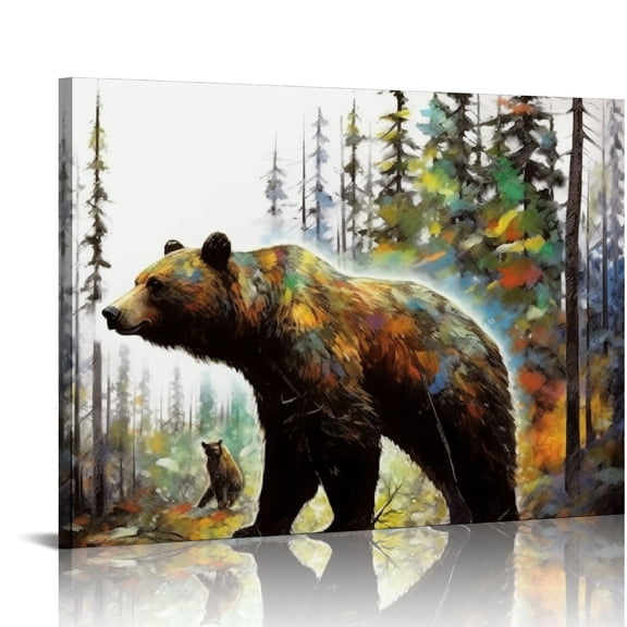 JEUXUS  Large Forest Bear Canvas Wall Art Bears Play in Forest Abstract Animal Painting Artwork for Home Bedroom Living Room Stretched and Framed Ready to Hang  20x16in