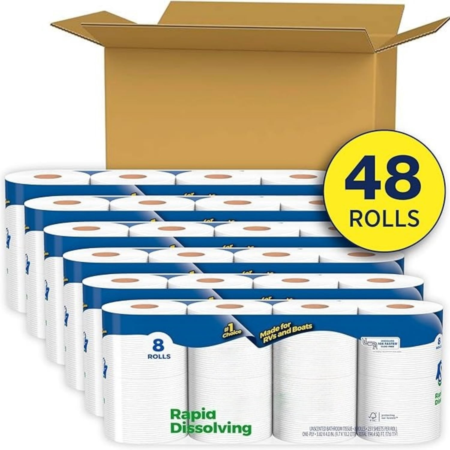 Rapid-Dissolving Toilet Paper, 48 Double Rolls (6 Packs of 8), Septic-, Toilet Paper