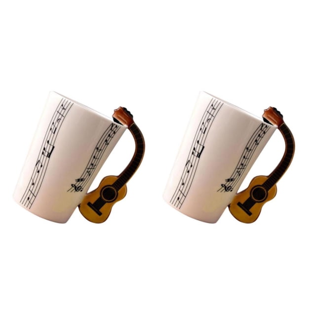 Matsuzay Taza de agua blanca, elegante Taza de cerámica con opciones de capacidad para hidratación, elegante Taza de cerámica, tazas de té, Pentagrama de guitarra negra 10x7.5 cm 2Conjunto