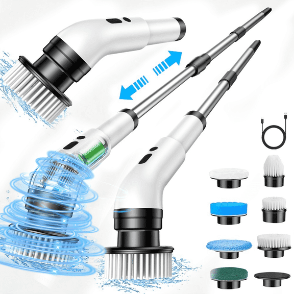 Kolagan multi-functional electric rotating cleaning brush, 8-in-1 cleaning set, 8 replaceable brush heads, adjustable speed and detachable handle, suitable for kitchen, living room and floors.