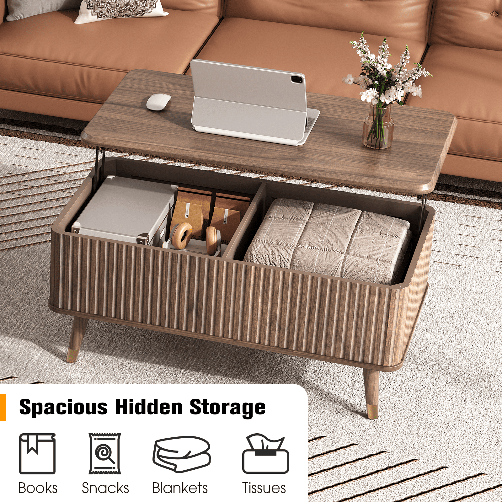 JOINICE Lift Top Coffee Table with Storage,Mid Century Modern Fluted Rectangle Center Table for Living Room,Walnut