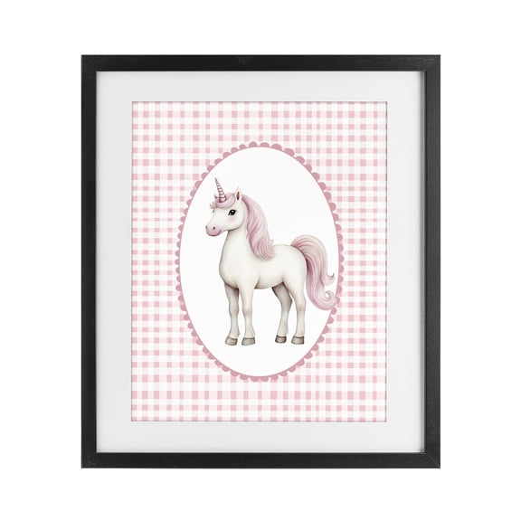 Stupell Industries Eclectic Pink Gingham Unicorn Black Framed Print Under Glass, 13 x 16, by Christine Simpson Art