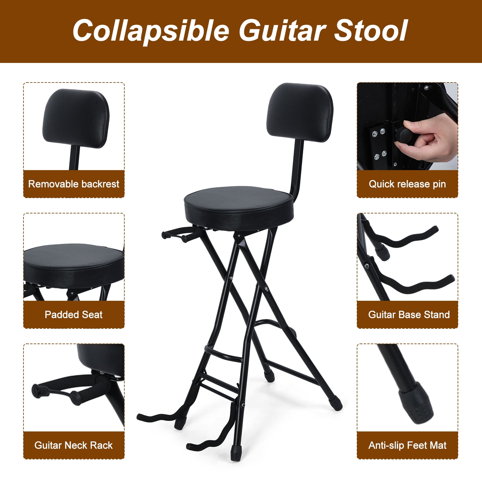 ZNNT Guitar Stool with Padded Cushion, Ergonomic Backrest and Fold Out Guitar Stand, Portable Guitar Chair for Adult
