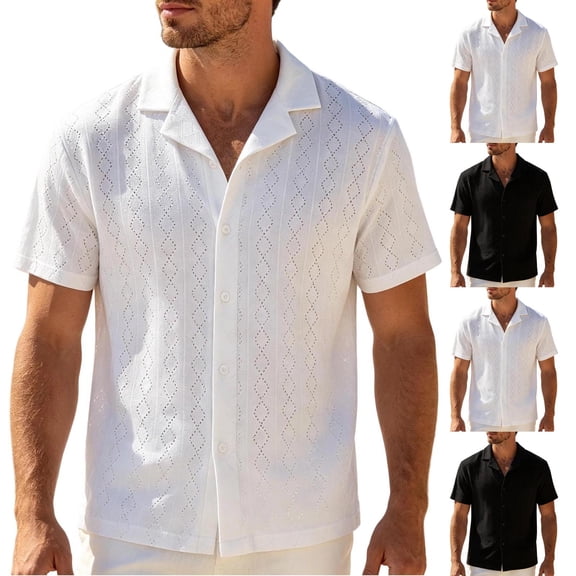 Men's Knit Cuban Shirt Hollow Out Short Sleeve Button Down Shirts See Through Summer Beach Shirts White