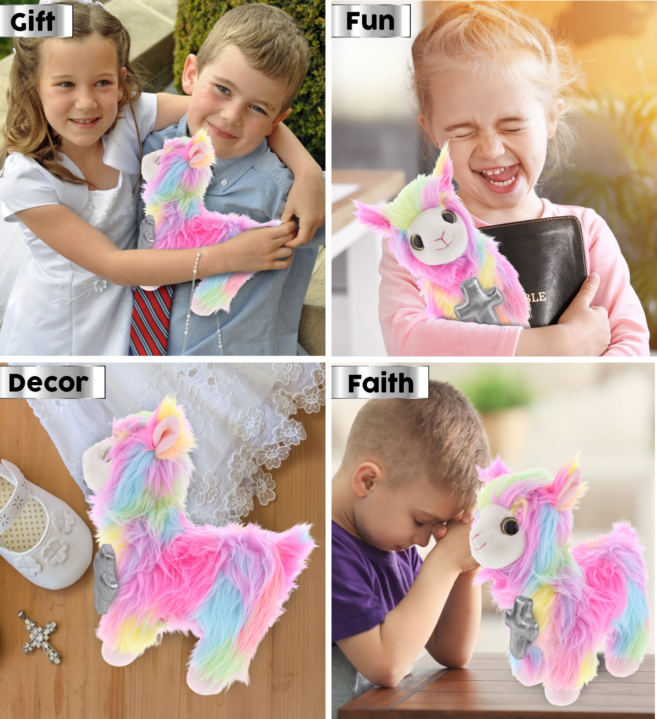 DolliBu Rainbow Llama Stuffed Animal with Silver Cross Plush - Religious Baptism Gifts for Boys and Girls, Dedication Christening Gifts Plush Prayer Toy Healing Stuffed Animal - 10 Inches