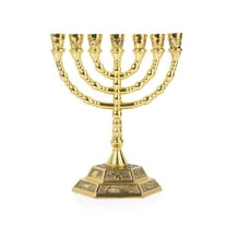 BRTAGG Menorah 7 Branch, 12 Tribes of Israel, Jerusalem Temple Jewish Candle Holder (8", Gold)