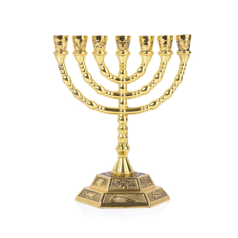 Gold 8-Inch 7-Branch Menorah with 12 Tribes Symbols photo 1