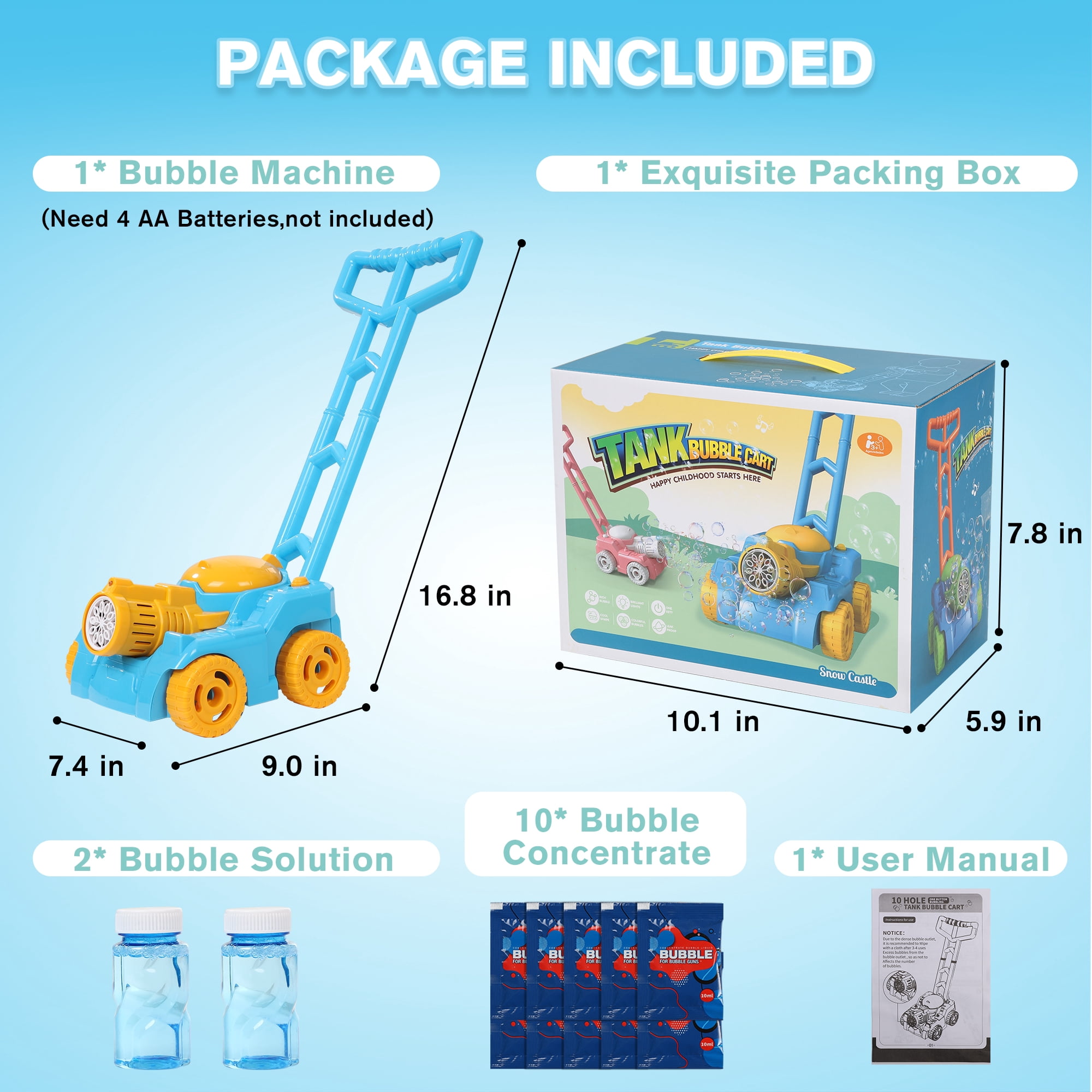 Wisairt Bubble Lawn Mower, Bubble Machine for Toddlers Kids, Outdoor Push Toy Gift for Preschool Boy Girl 3+, Blue & Yellow