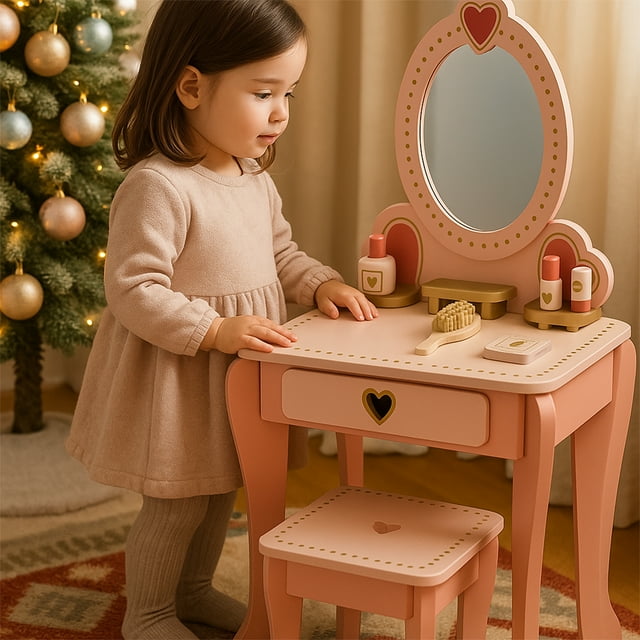 Tocador de Dormitorio con Espejo para Niños Set de Juguete Infantil De Madera