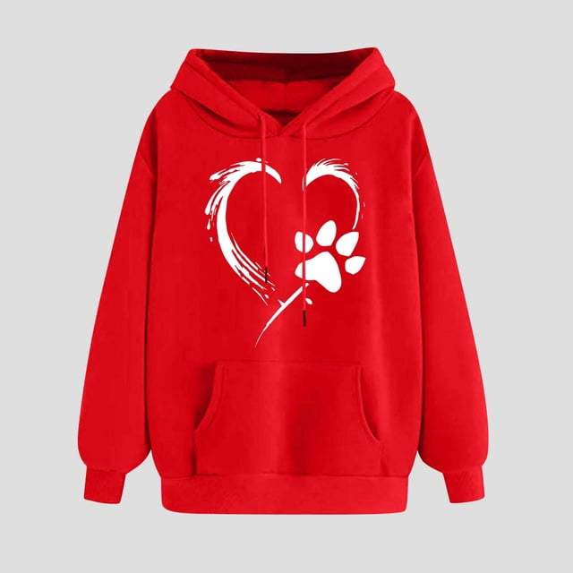 UPPADA Chandails à Capuchon à Imprimé Cœur pour Femmes Automne Hiver Chandail à Capuchon de Base Mignon Chandail Molletonné à Enfiler Hauts à Manches Longues Confortable Mode Urbaine Chandail à Capuchon Femmes Graphique Rouge,G