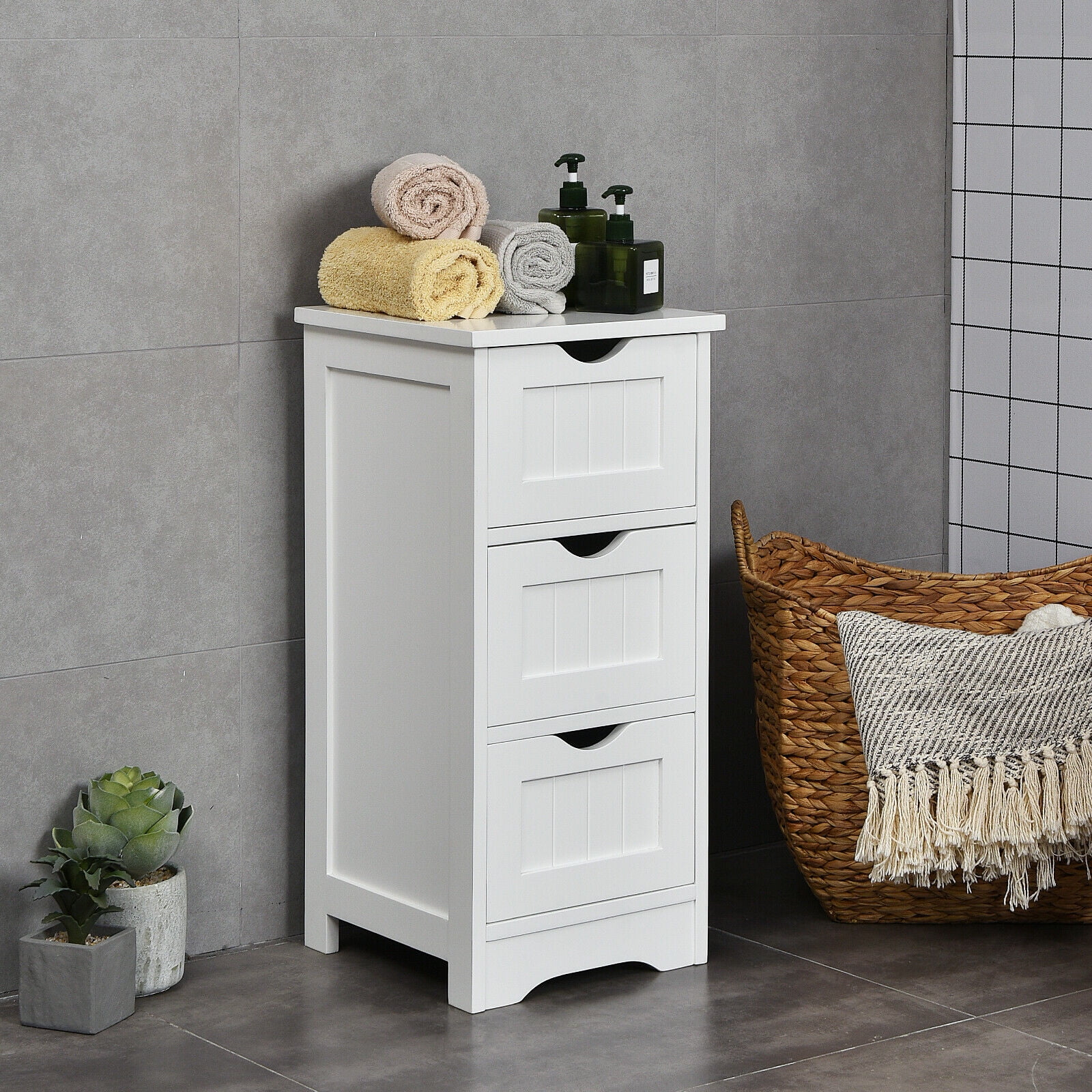 Gymax Bathroom Floor Cabinet Wooden Freestanding Storage Side Organizer ...