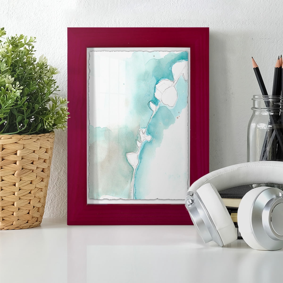 Ginkgo on Dusty Teal VII - Framed Print w/glass - Cherry Red