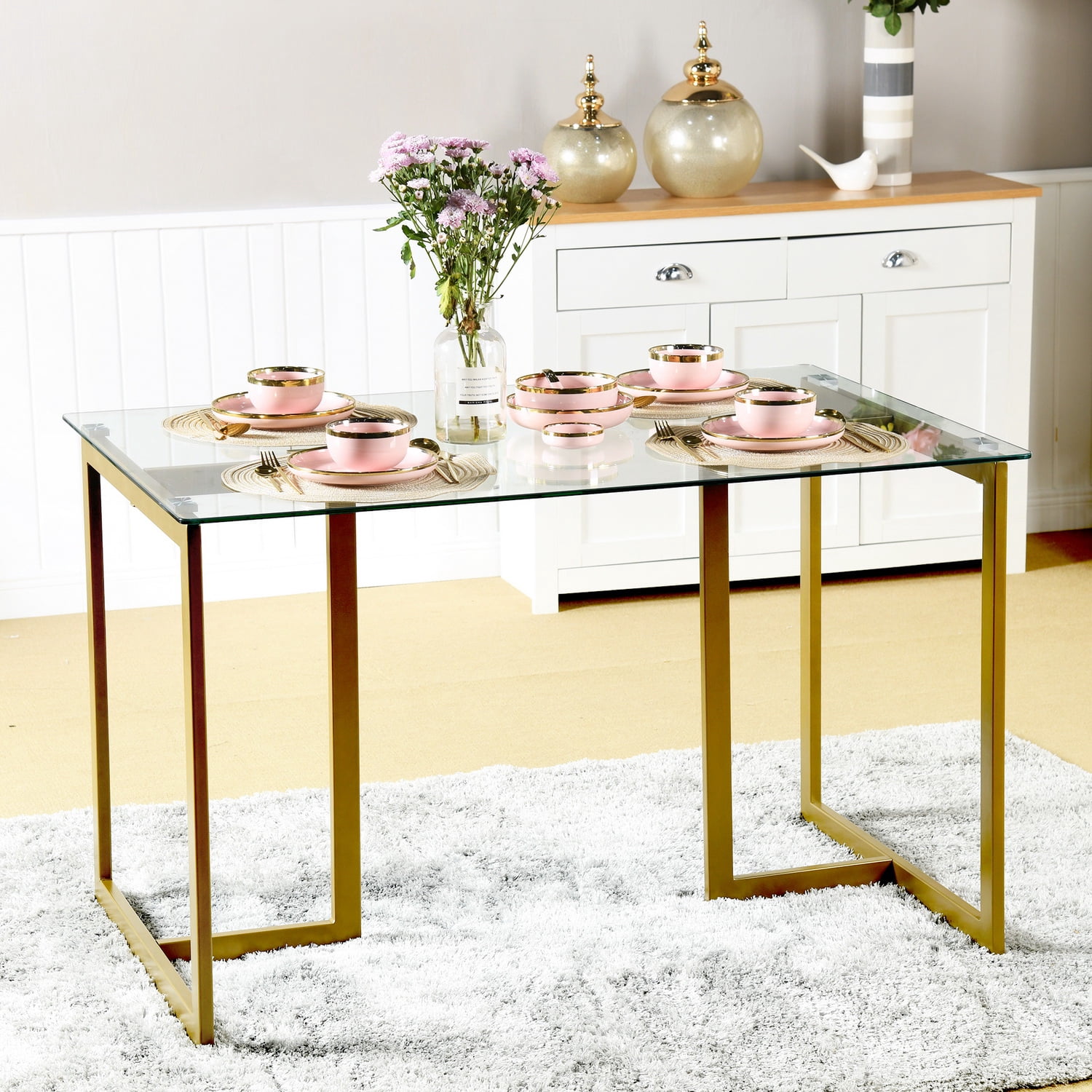 Homy Casa 47.2'' Rectangular Dining Table with Tempered Glass Top, Gold Legs - Walmart.com