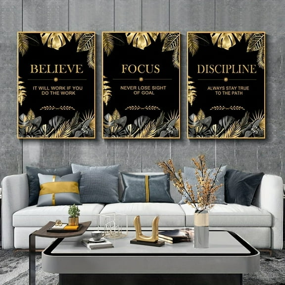3pcs Luxury Art Canvas Wall Art Poster Believe Focus Discipline Motivation Wall Poster Inspirational Quote Poster Modern Home Living Room Decor Painting Unframed