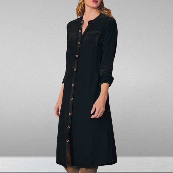 Guieoi Dress for Women under $10.00 Plus Size Fashion Women Solid Color V-Neck Long Ankle Sleeve High Waist Dress Skirt Black Black*Friday/Cyber*Monday