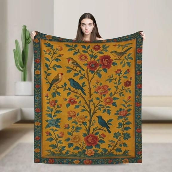 Vintage Birdcage and Rose Throw Blanket- Ultra Soft, Fleece, Lightweight,Floral and Bird Retro Blankets, for Couch Romantic Room Bedroom Modern Decor, Gifts for Women & Garden Lovers 50x40