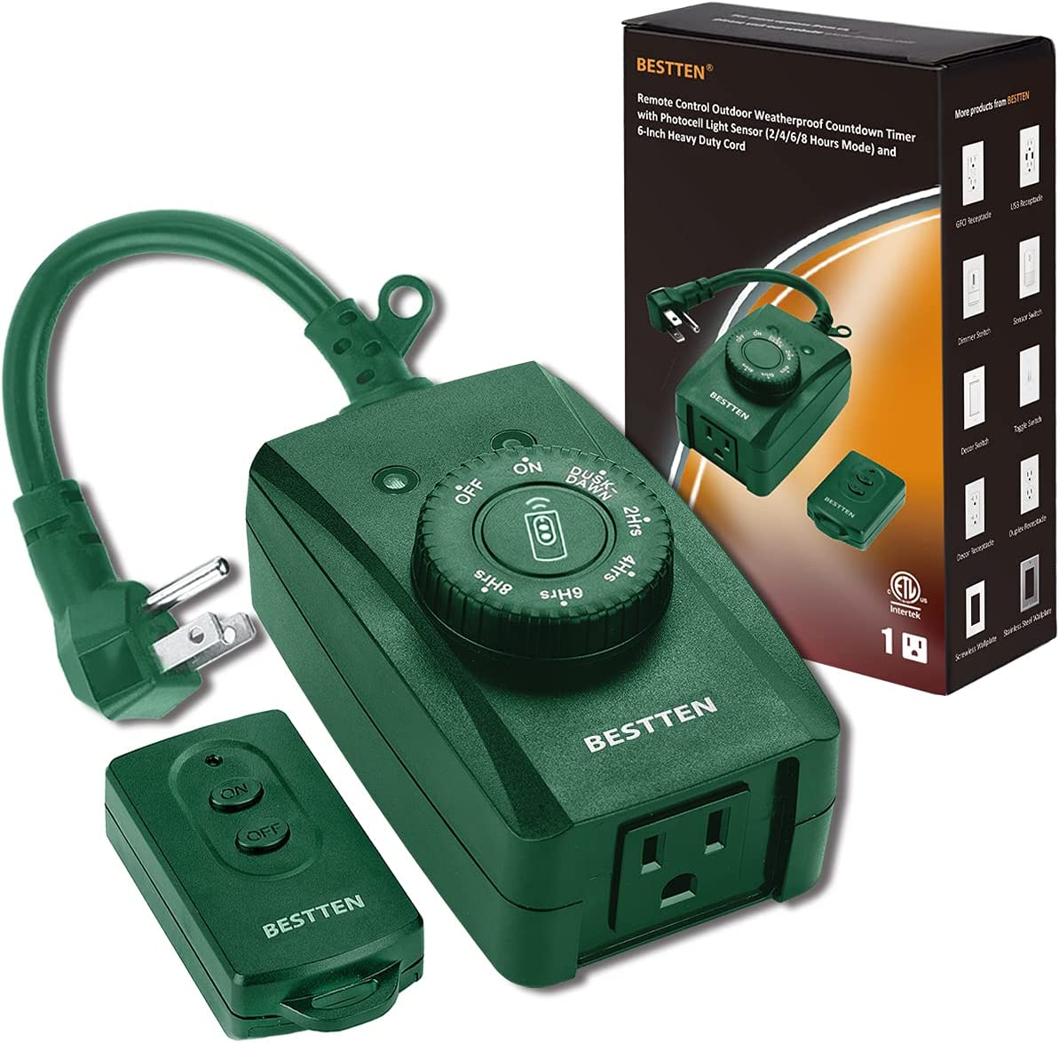 BESTTEN Remote Control Outdoor Outlet with Dusk to Dawn and Photocell