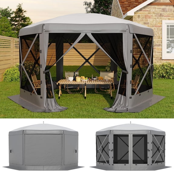 Grey 13x13FT 6-Sided Pop Up Gazebo Tent,One-Push Setup Canopy Tent with Removable Canopy Top & Wind Cloths, Outdoor shelter for Camping, Backyard Parties, Outdoor Events