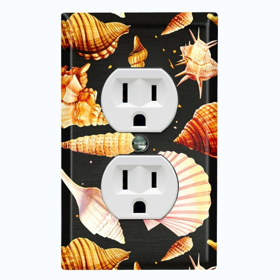 Metal Light Switch Wall Plate Outlet Cover (Colorful Sea Shells Pattern Black - Single Duplex)