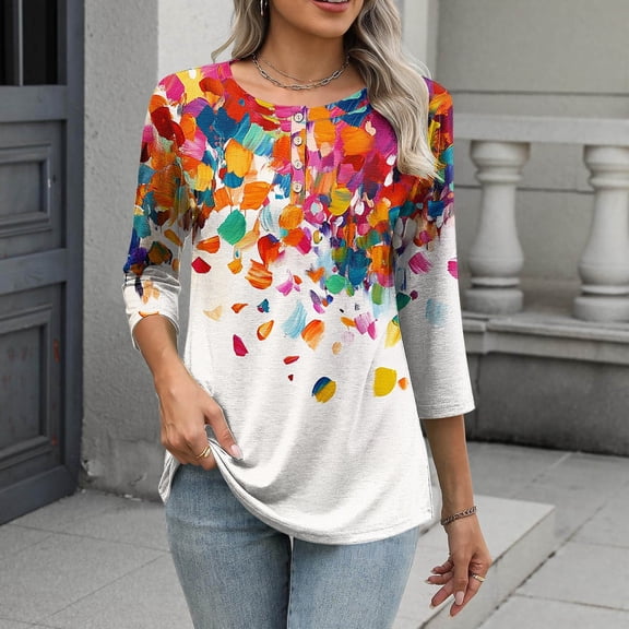 Women's Printed Casual Three-Quarter Sleeve Round Neck Loose Fit T-Shirt Top