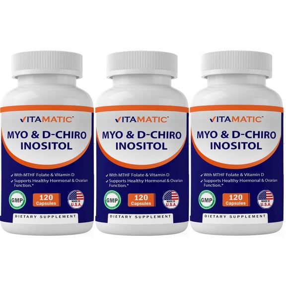 Vitamatic Myo-Inositol and D-Chiro Inositol Plus Folate and Vitamin D 2000mg 3 Pack 120 Capsules