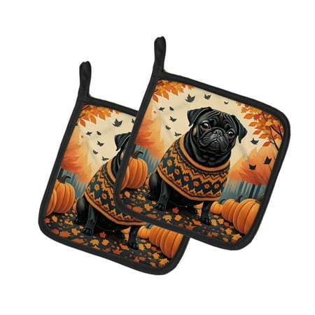 

Black Pug Fall Pair of Pot Holders 7.5 in x 7.5 in