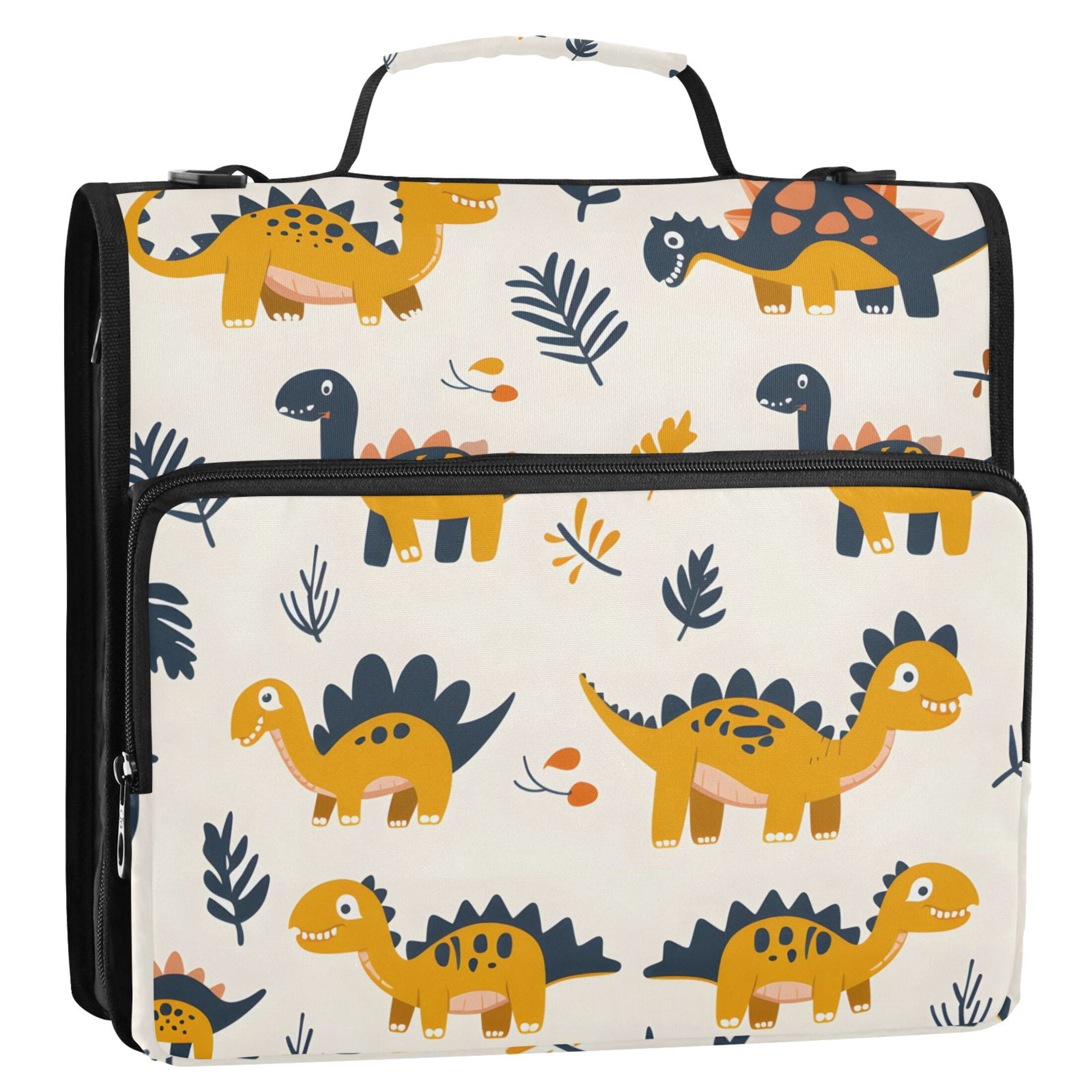 3 Ring Zipper Binder with Shoulder Strap Waterproof Trapper Keeper 2 Inch D-Ring 500 Sheets Capacity Cute Dinosaurs and Leaf
