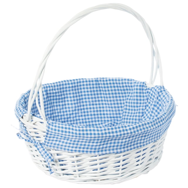 Panier-cadeau Rond en Osier Blanc, avec Doublure en Vichy Bleu et Poignée - Grand