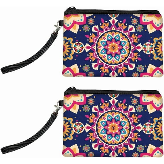 Original Designs Coin Purse for Women Girls Mandalas Patterns 2 Packs Change Purse with Zipper Durable and Soft Canvas Wallet Pouch for Travel Gift Polyester