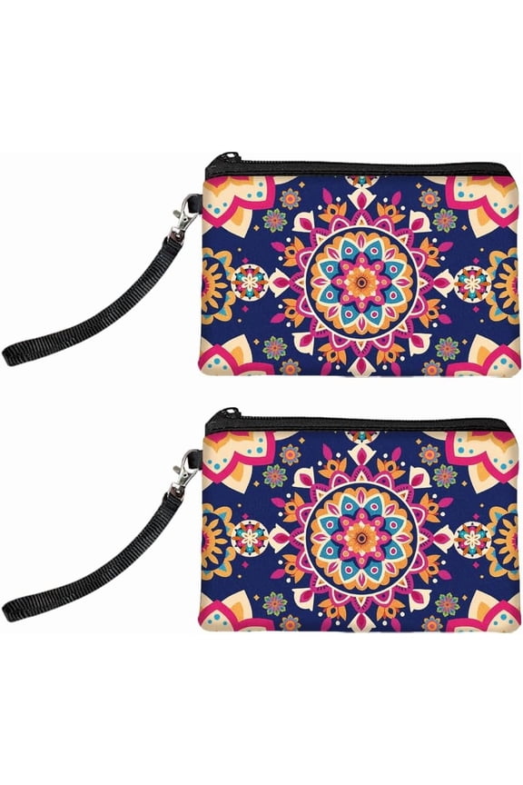 Original Designs Coin Purse for Women Girls Mandalas Patterns 2 Packs Change Purse with Zipper Durable and Soft Canvas Wallet Pouch for Travel Gift Polyester
