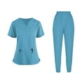 thumbnail image 2 of Scrubs for Women Two Piece Set V Neck Short Sleeve Top And Straight Leg joggers Pants Nursing Uniform Set with Pockets, 2 of 9