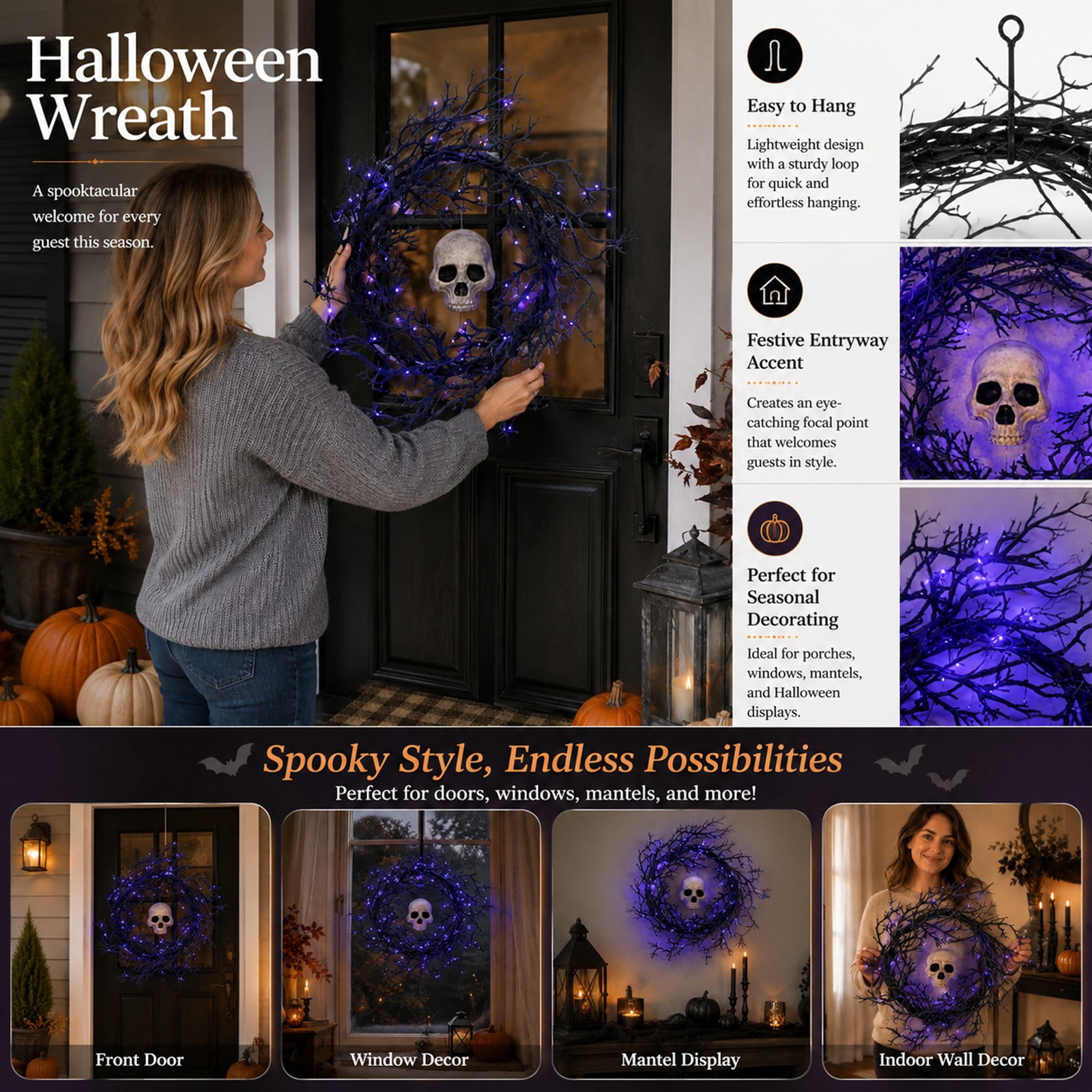 20 Inch Pre-Lit Halloween Ghost Wreath with Lights for Front Door, Spooky Illuminated Door Hanger Wreath for Outdoor Porch Wall Yard Holiday Party Home Decoration
