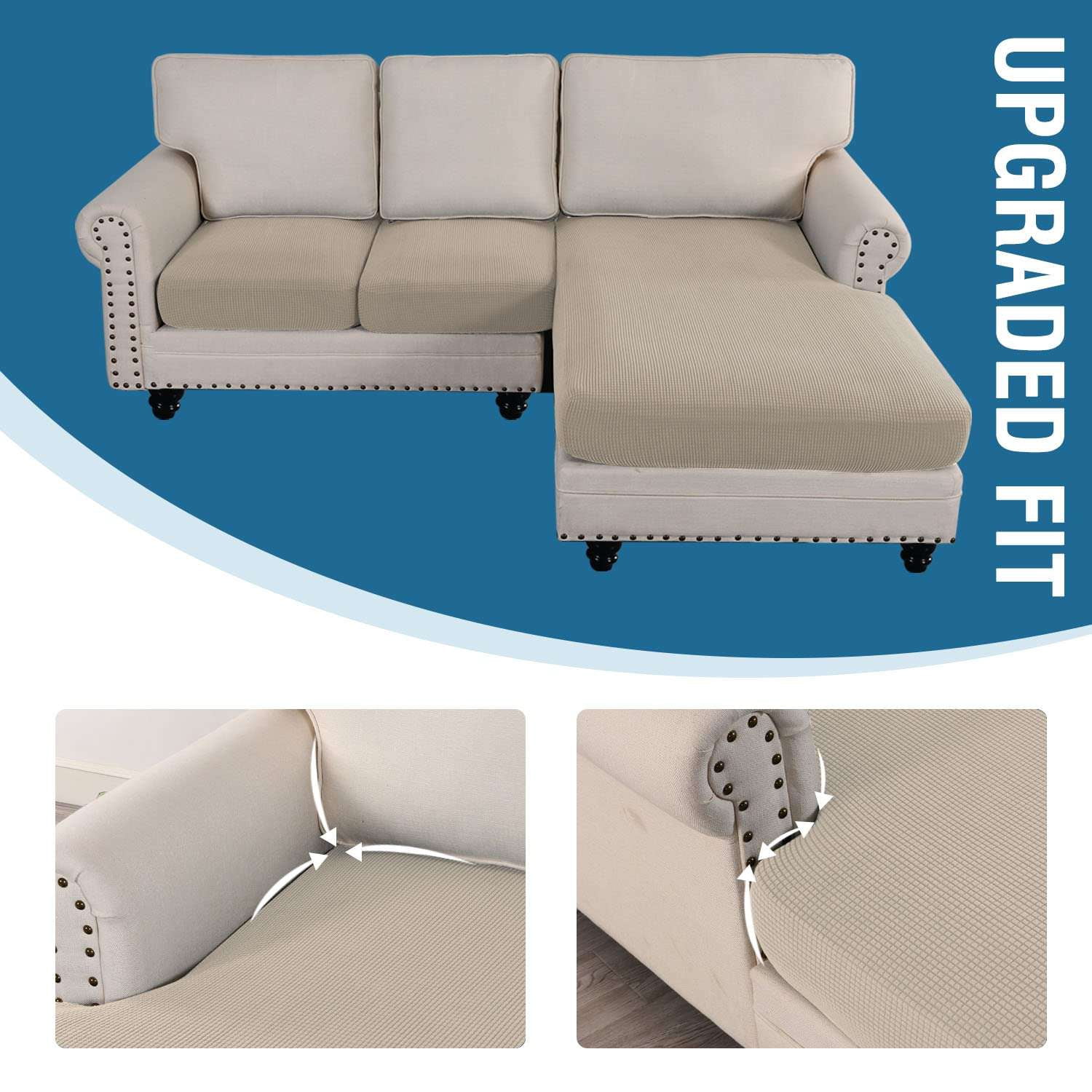 Turquoize 3-Piece Separate Slipcovers Textured Grid Stretch Non-Slip L Shape Sofa Seat Covers for Both Left/Right Sectional Couch (Seat Only: 1 Chaise + 2 Sofa,Island Fossi）