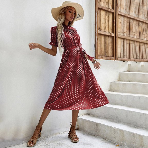 Summer Dresses for Women Maxi dress Midi Dress Short Sleeve Polka Dot Round Neck Tie Pleated Dress