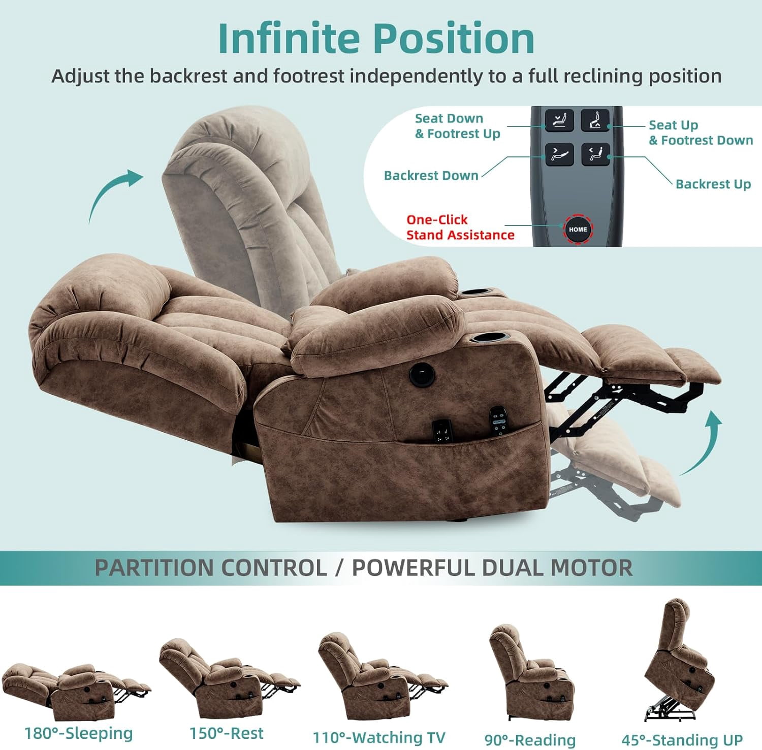 MEETWARM Oversized Dual Motor Lay Flat Power Lift Recliner Chair for Big Man with Heat Massage, Large Sleeping Electric Recliner with Extended Footrest, Lumbar Pillow, USB & Type-C Ports, Plush-Brown