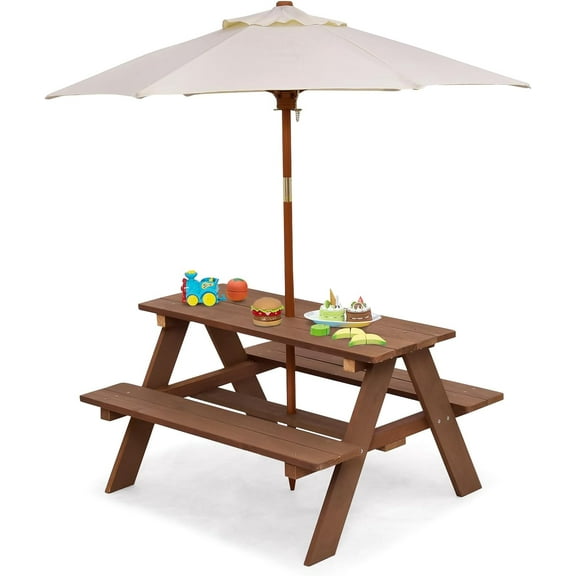 DORTALA Kids Picnic Table, Wooden Outdoor Toddler Table and  Set with Removable Umbrella, Children Activity Table Set for Patio, Garden, Backyard, Girls & Boys Gift, Natural