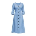 thumbnail image 4 of Ayolanni 3/4 Sleeve Fall Dresses for Women V Neck Cotton A-Line Maxi Dresses Formal Work Solid Button Down Long Dress with Pockets Blue S, 4 of 7