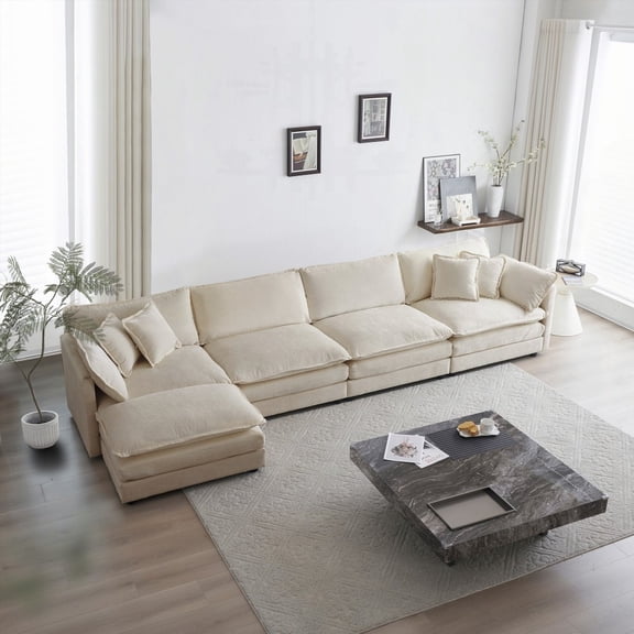 Modern U-Shaped Chenille Sectional Sofa for Living Room - 5 Seater with Ottoman (220×80×75cm)