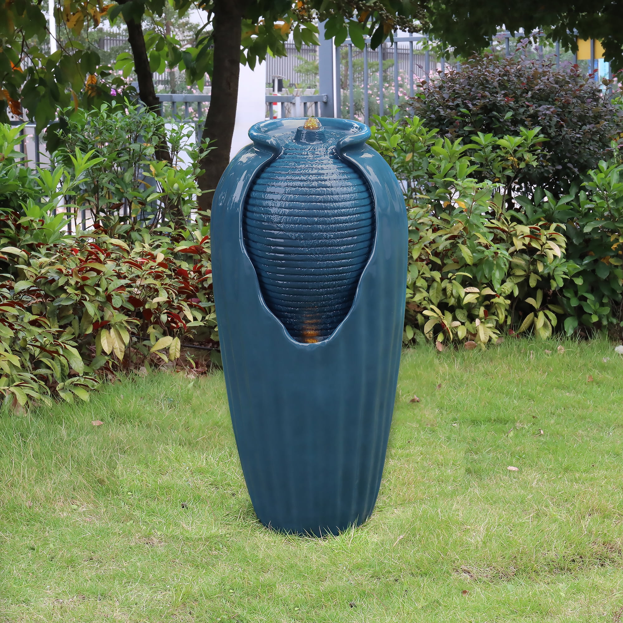 Teamson Home Indoor/Outdoor Contemporary Glazed Contoured Vase Water Fountain with LED Lights, Blue